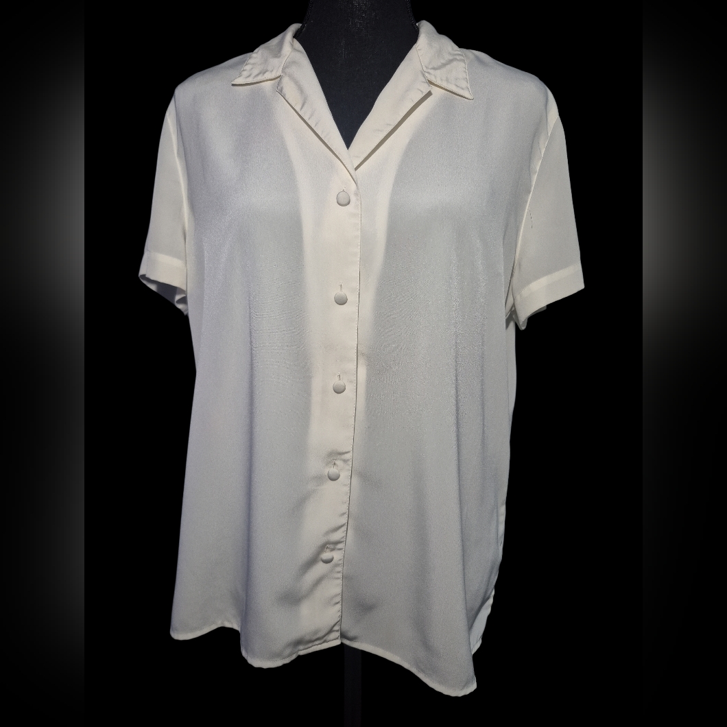 Vintage Liz Claiborne Ivory Sheer Silky Short Sleeve Button Up - Size 14 Petite